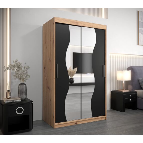 KRYSPOL Schwebetürenschrank Madryt 120 cm mit Spiegel Kleiderschrank mit Kleiderstange und Einlegeboden Schlafzimmer- Wohnzimmerschrank Schiebetüren Modern Design (Artisan Eiche + Schwarz)