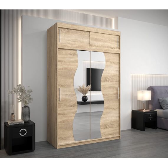 KRYSPOL Schwebetürenschrank Madryt 150 cm mit Spiegel Kleiderschrank mit Kleiderstange und Einlegeboden KRYSPOL Schlafzimmer- Wohnzimmerschrank Schiebetüren Modern Design (Sonoma mit Erweiterung)