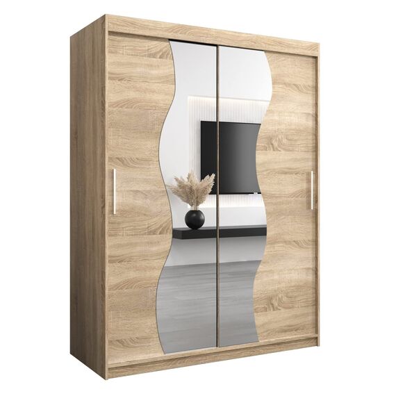 MEBLE KRYSPOL Schwebetürenschrank Madryt 150 cm mit Spiegel Kleiderschrank mit Kleiderstange und Einlegeboden Schlafzimmer- Wohnzimmerschrank Schiebetüren Modern Design (Sonoma)