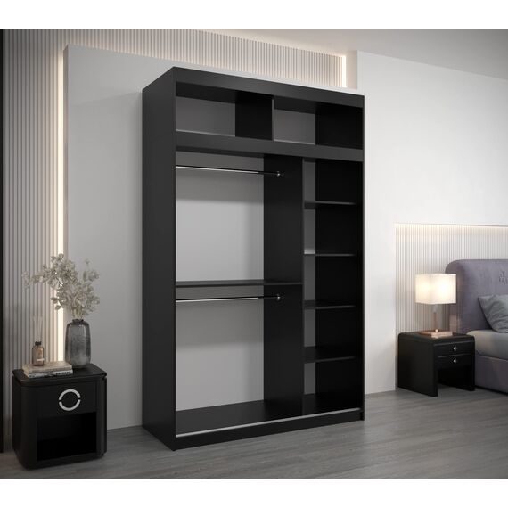 KRYSPOL Schwebetürenschrank Madryt 150 cm mit Spiegel Kleiderschrank mit Kleiderstange und Einlegeboden Schlafzimmer- Wohnzimmerschrank Schiebetüren Modern Design (Schwarz mit Erweiterung)