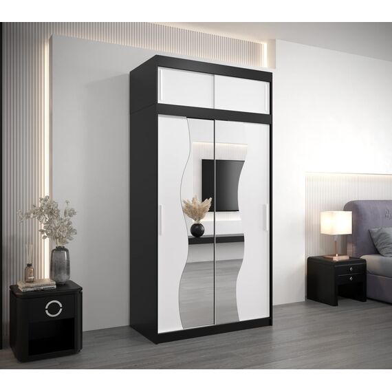 KRYSPOL Schwebetürenschrank Madryt 120 cm mit Spiegel Kleiderschrank mit Kleiderstange und Einlegeboden Schlafzimmer- Wohnzimmerschrank Schiebetüren Modern Design (Schwarz + Weiß mit Erweiterung)