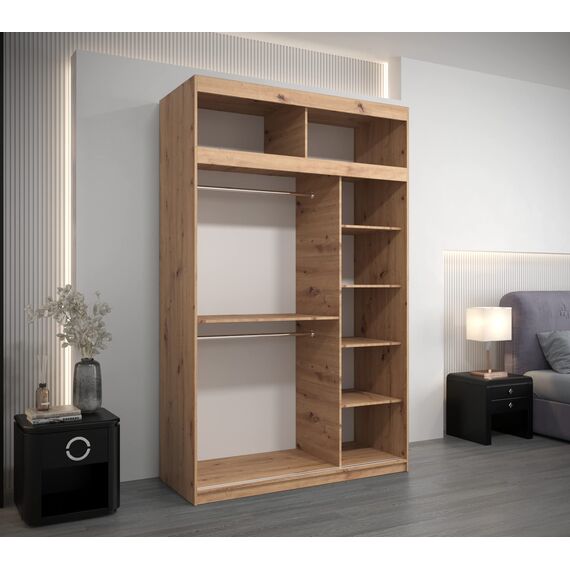 KRYSPOL Schwebetürenschrank Madryt 150 cm mit Spiegel Kleiderschrank mit Kleiderstange und Einlegeboden Schlafzimmer- Wohnzimmerschrank Schiebetüren (Artisan Eiche + Weiß mit Erweiterung)