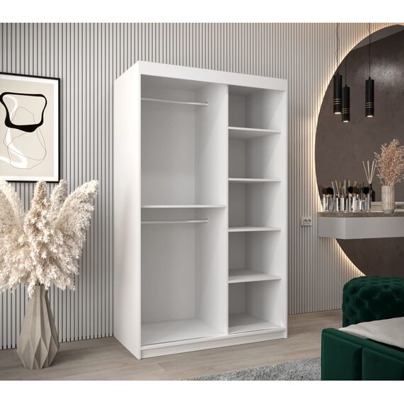 KRYSPOL Schwebetürenschrank Madryt 120 cm mit Spiegel Kleiderschrank mit Kleiderstange und Einlegeboden Schlafzimmer- Wohnzimmerschrank Schiebetüren Modern Design (Weiß + Schwarz)