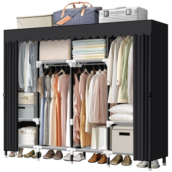 Tragbarer Schrank, LOKEME 160 cm Kleiderschrank zum Aufhängen von Kleidung mit 4 Aufhängestangen, 25 mm Stahlrohr-Kleideraufbewahrung, schnelle und einfache Montage, schwarze Abdeckung