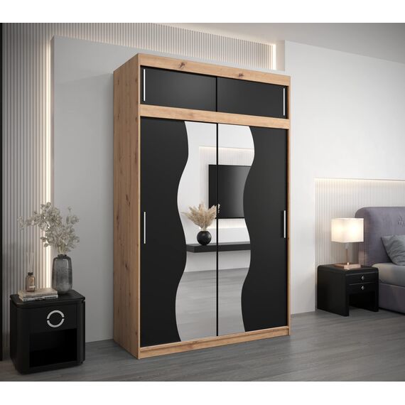 KRYSPOL Schwebetürenschrank Madryt 150 cm mit Spiegel Kleiderschrank mit Kleiderstange und Einlegeboden Schlafzimmer- Wohnzimmerschrank Schiebetüren (Artisan Eiche + Schwarz mit Erweiterung)