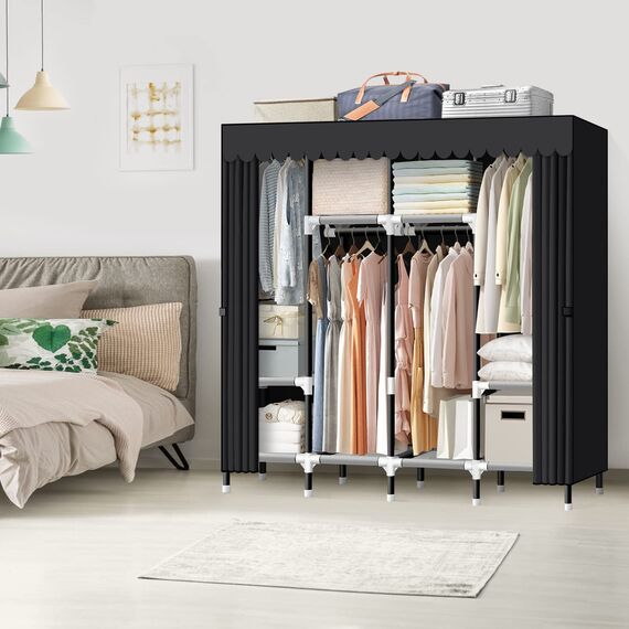 Tragbarer Schrank, LOKEME 160 cm Kleiderschrank zum Aufhängen von Kleidung mit 4 Aufhängestangen, 25 mm Stahlrohr-Kleideraufbewahrung, schnelle und einfache Montage, schwarze Abdeckung