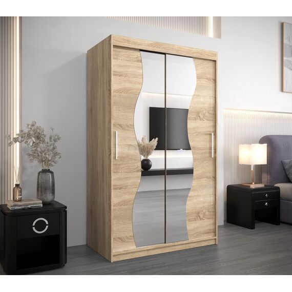 KRYSPOL Schwebetürenschrank Madryt 120 cm mit Spiegel Kleiderschrank mit Kleiderstange und Einlegeboden Schlafzimmer- Wohnzimmerschrank Schiebetüren Modern Design (Sonoma)