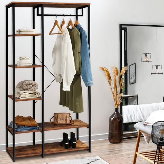 IDMarket - Ankleide Kleiderschrank Regale B. 90 cm HAWKINS dunkles Holz Industriedesign