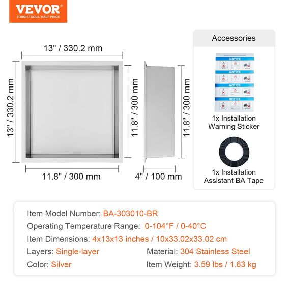 VEVOR Wandnische 10x33,02x33,02cm Duschnische Edelstahl Nische Einlagig 100% Wasserdicht Nischeneinbau 0-40°C Betriebstemperatur 92°-Inneneckdesign Geeignet für Badezimmer Schlafzimmer Arbeitszimmer