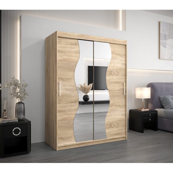 MEBLE KRYSPOL Schwebetürenschrank Madryt 150 cm mit Spiegel Kleiderschrank mit Kleiderstange und Einlegeboden Schlafzimmer- Wohnzimmerschrank Schiebetüren Modern Design (Sonoma)