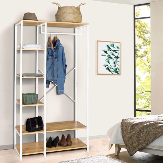 IDMarket - Kleiderschrank Garderobe Regale B. 90 cm DETROIT Industriedesign Holz und Metall weiß
