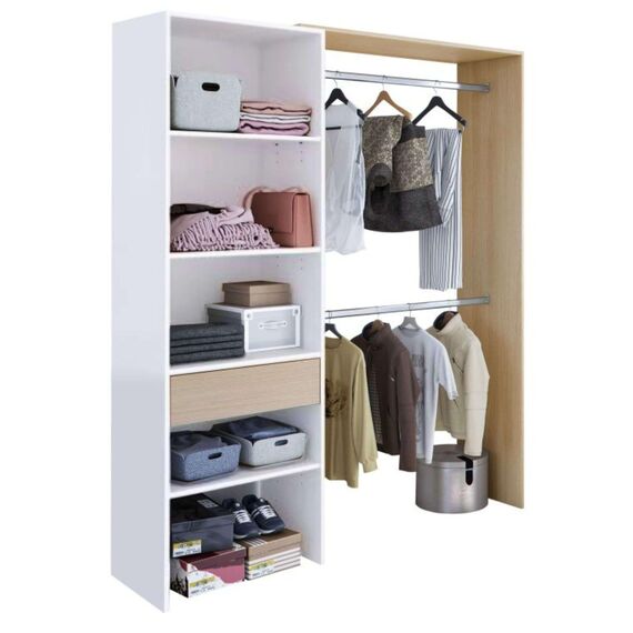 Habitdesign, offener Ankleideschrank mit 2 Kleiderstangen, 4 Einlegeböden und 1 Schublade – wandelbares offenes Schranksystem in Artik weiß und Eiche, Maße: 158 x 187 x 40 cm (B x H x T), Modell Dress