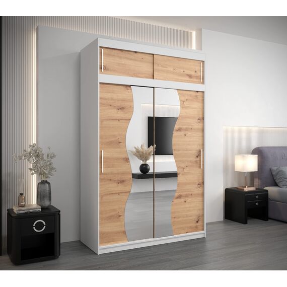 KRYSPOL Schwebetürenschrank Madryt 150 cm mit Spiegel Kleiderschrank mit Kleiderstange und Einlegeboden Schlafzimmer- Wohnzimmerschrank Schiebetüren (Weiß + Artisan Eiche mit Erweiterung)