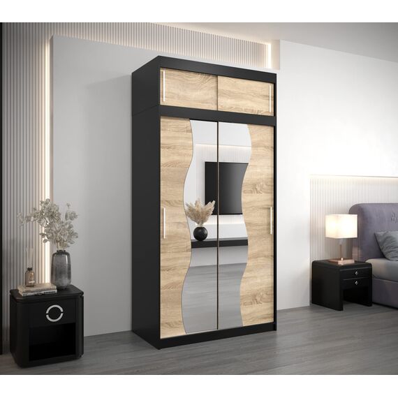 KRYSPOL Schwebetürenschrank Madryt 120 cm mit Spiegel Kleiderschrank mit Kleiderstange und Einlegeboden Schlafzimmer- Wohnzimmerschrank Schiebetüren Modern Design (Schwarz + Sonoma mit Erweiterung)