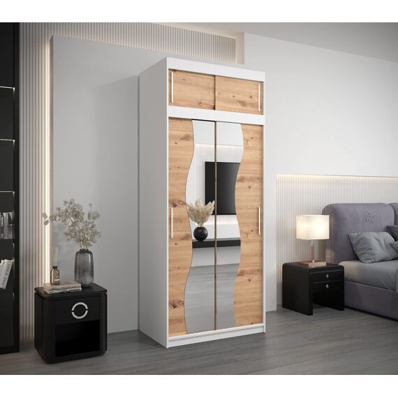 KRYSPOL Schwebetürenschrank Madryt 100 cm mit Spiegel Kleiderschrank mit Kleiderstange und Einlegeboden Schlafzimmer- Wohnzimmerschrank Schiebetüren (Weiß + Artisan Eiche mit Erweiterung)