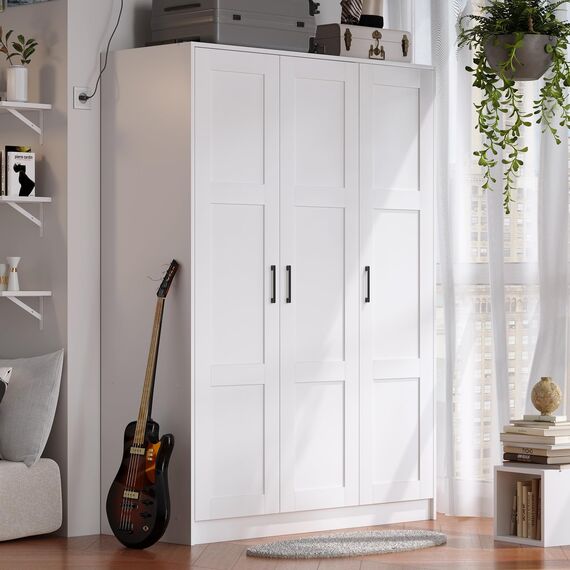 Fenghua Lizhi Holz-Kleiderschrank mit 3 Türen, weißer Aufbewahrungsschrank zum Aufhängen von Kleidung, Schlafzimmer, große Kapazität, freistehender Schrank, Holz-Kleiderschrank, Kombination mit