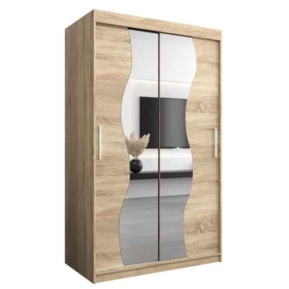 KRYSPOL Schwebetürenschrank Madryt 120 cm mit Spiegel Kleiderschrank mit Kleiderstange und Einlegeboden Schlafzimmer- Wohnzimmerschrank Schiebetüren Modern Design (Sonoma)