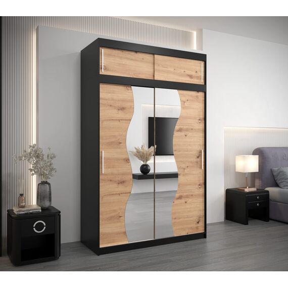 KRYSPOL Schwebetürenschrank Madryt 150 cm mit Spiegel Kleiderschrank mit Kleiderstange und Einlegeboden Schlafzimmer- Wohnzimmerschrank Schiebetüren (Schwarz + Artisan Eiche mit Erweiterung)