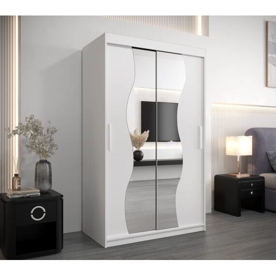 KRYSPOL Schwebetürenschrank Madryt 120 cm mit Spiegel Kleiderschrank mit Kleiderstange und Einlegeboden Schlafzimmer- Wohnzimmerschrank Schiebetüren Modern Design (Weiß)
