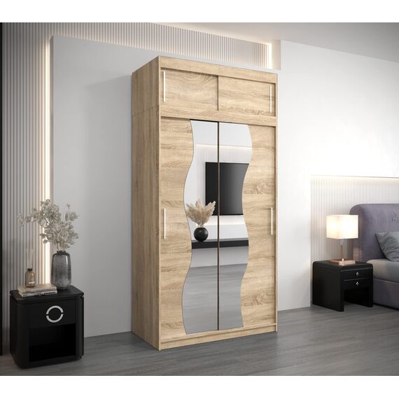 KRYSPOL Schwebetürenschrank Madryt 120 cm mit Spiegel Kleiderschrank mit Kleiderstange und Einlegeboden Schlafzimmer- Wohnzimmerschrank Schiebetüren Modern Design (Sonoma mit Erweiterung)