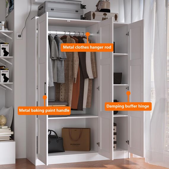 Fenghua Lizhi Holz-Kleiderschrank mit 3 Türen, weißer Aufbewahrungsschrank zum Aufhängen von Kleidung, Schlafzimmer, große Kapazität, freistehender Schrank, Holz-Kleiderschrank, Kombination mit