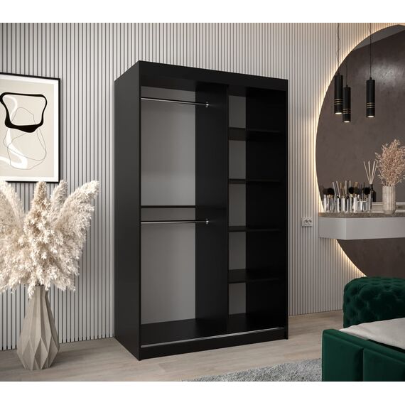 KRYSPOL Schwebetürenschrank Madryt 120 cm mit Spiegel Kleiderschrank mit Kleiderstange und Einlegeboden Schlafzimmer- Wohnzimmerschrank Schiebetüren Modern Design (Schwarz + Weiß)