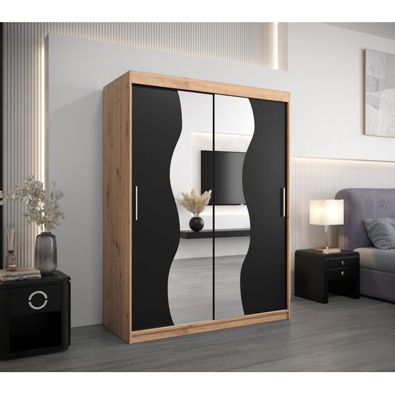 Kryspol Schwebetürenschrank Madryt 150 cm mit Spiegel Kleiderschrank mit Kleiderstange und Einlegeboden Schlafzimmer- Wohnzimmerschrank Schiebetüren Modern Design (Artisan Eiche + Schwarz)