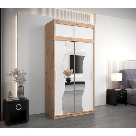 KRYSPOL Schwebetürenschrank Madryt 120 cm mit Spiegel Kleiderschrank mit Kleiderstange und Einlegeboden Schlafzimmer- Wohnzimmerschrank Schiebetüren (Artisan Eiche + Weiß mit Erweiterung)
