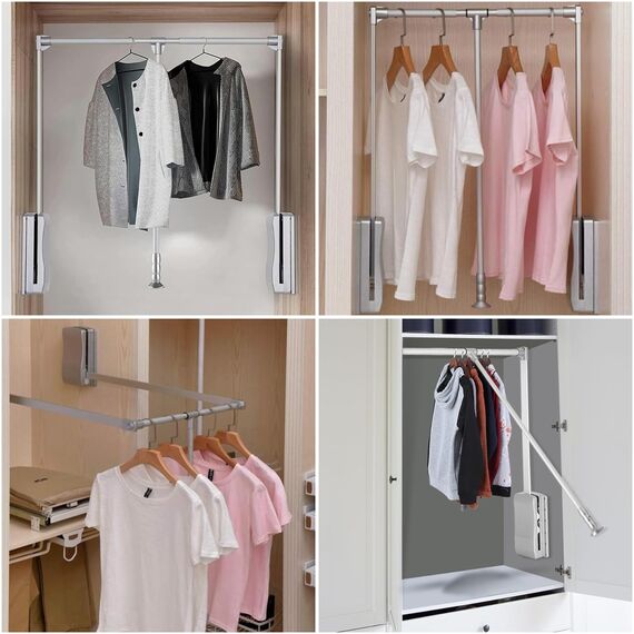 Ausziehbarer Kleiderständer für Kleiderschrank, Kleiderstange mit unterstützter Auf- und Ab -Funktion (Innenfach 89–121 cm)