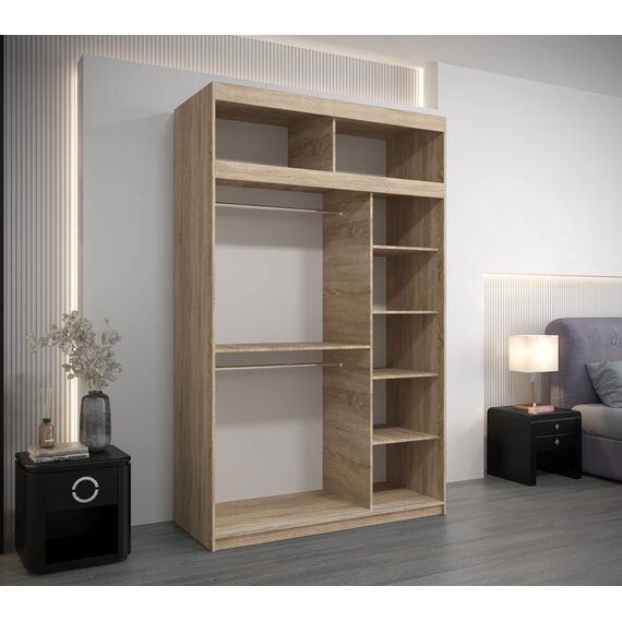 KRYSPOL Schwebetürenschrank Madryt 150 cm mit Spiegel Kleiderschrank mit Kleiderstange und Einlegeboden KRYSPOL Schlafzimmer- Wohnzimmerschrank Schiebetüren Modern Design (Sonoma mit Erweiterung)