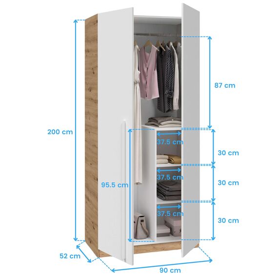 Habitdesig, Kinderschrank mit 3 Drehtüren – moderner Kleiderschrank für Kinder- oder Jugendzimmer in Arktisweiß und Eiche Nodi, viel Stauraum, Maße: 90 x 200 x 52 cm (B x H x T), Modell Noa