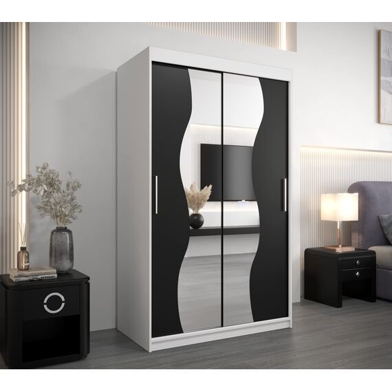 KRYSPOL Schwebetürenschrank Madryt 120 cm mit Spiegel Kleiderschrank mit Kleiderstange und Einlegeboden Schlafzimmer- Wohnzimmerschrank Schiebetüren Modern Design (Weiß + Schwarz)