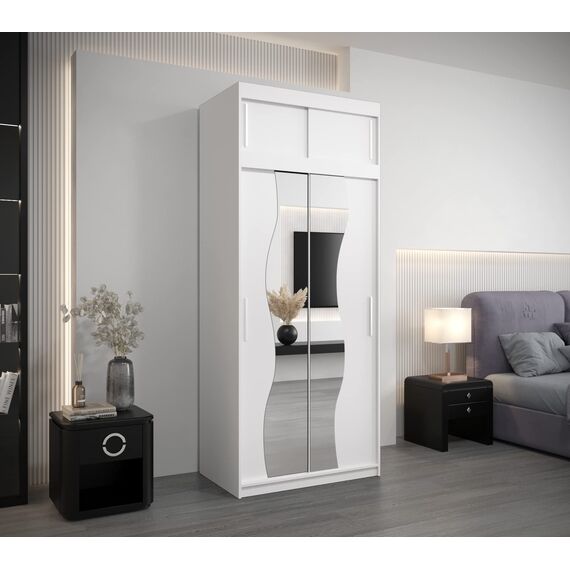 KRYSPOL Schwebetürenschrank Madryt 100 cm mit Spiegel Kleiderschrank mit Kleiderstange und Einlegeboden Schlafzimmer- Wohnzimmerschrank Schiebetüren Modern Design (Weiß mit Erweiterung)