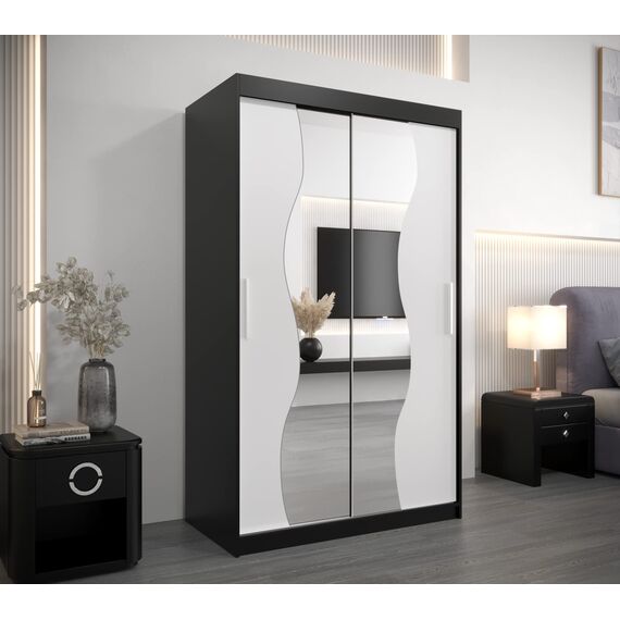 KRYSPOL Schwebetürenschrank Madryt 120 cm mit Spiegel Kleiderschrank mit Kleiderstange und Einlegeboden Schlafzimmer- Wohnzimmerschrank Schiebetüren Modern Design (Schwarz + Weiß)