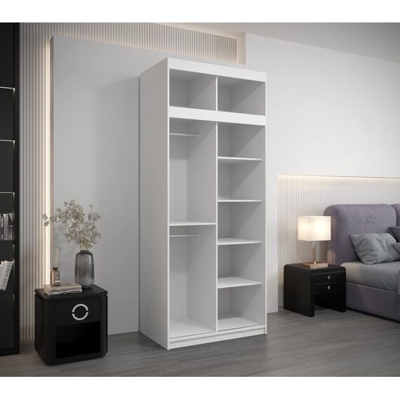 KRYSPOL Schwebetürenschrank Madryt 100 cm mit Spiegel Kleiderschrank mit Kleiderstange und Einlegeboden Schlafzimmer- Wohnzimmerschrank Schiebetüren Modern Design (Weiß + Sonoma mit Erweiterung)