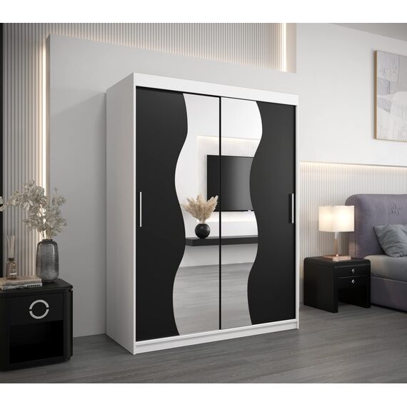 KRYSPOL Schwebetürenschrank Madryt 150 cm mit Spiegel Kleiderschrank mit Kleiderstange und Einlegeboden Schlafzimmer- Wohnzimmerschrank Schiebetüren Modern Design (Weiß + Schwarz)