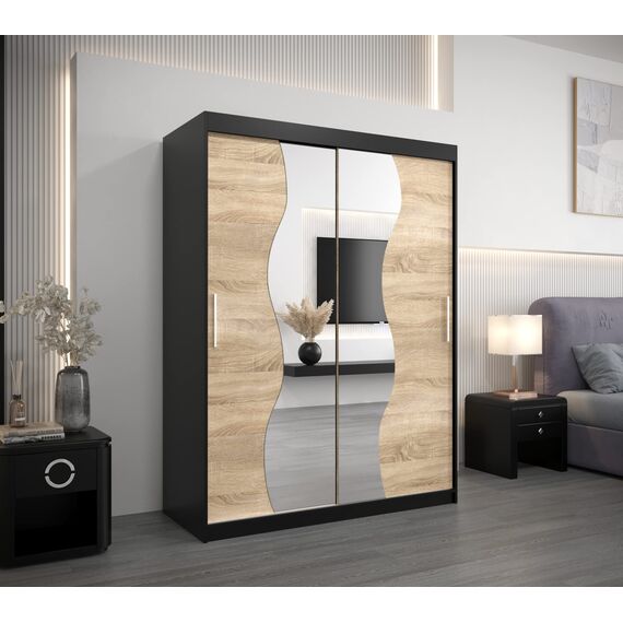 KRYSPOL Schwebetürenschrank Madryt 150 cm mit Spiegel Kleiderschrank mit Kleiderstange und Einlegeboden Schlafzimmer- Wohnzimmerschrank Schiebetüren Modern Design (Schwarz + Sonoma)