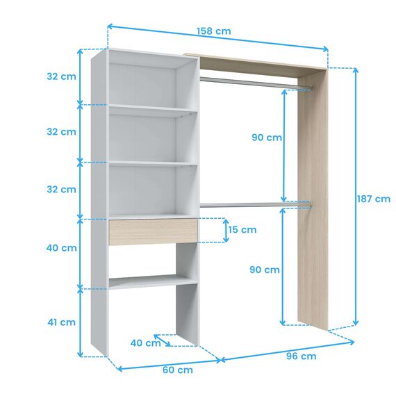 Habitdesign, offener Ankleideschrank mit 2 Kleiderstangen, 4 Einlegeböden und 1 Schublade – wandelbares offenes Schranksystem in Artik weiß und Eiche, Maße: 158 x 187 x 40 cm (B x H x T), Modell Dress