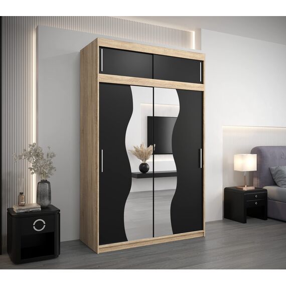 KRYSPOL Schwebetürenschrank Madryt 150 cm mit Spiegel Kleiderschrank mit Kleiderstange und Einlegeboden Schlafzimmer- Wohnzimmerschrank Schiebetüren Modern Design (Sonoma + Schwarz mit Erweiterung)