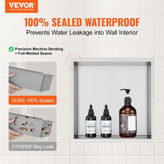 VEVOR Wandnische 10x33,02x33,02cm Duschnische Edelstahl Nische Einlagig 100% Wasserdicht Nischeneinbau 0-40°C Betriebstemperatur 92°-Inneneckdesign Geeignet für Badezimmer Schlafzimmer Arbeitszimmer