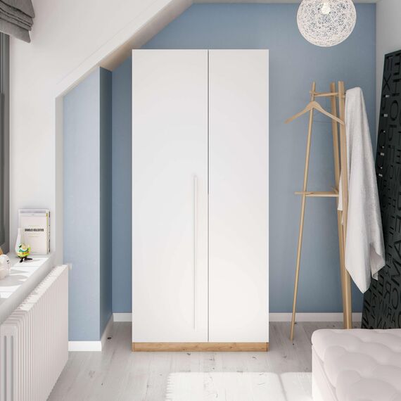 Habitdesig, Kinderschrank mit 3 Drehtüren – moderner Kleiderschrank für Kinder- oder Jugendzimmer in Arktisweiß und Eiche Nodi, viel Stauraum, Maße: 90 x 200 x 52 cm (B x H x T), Modell Noa