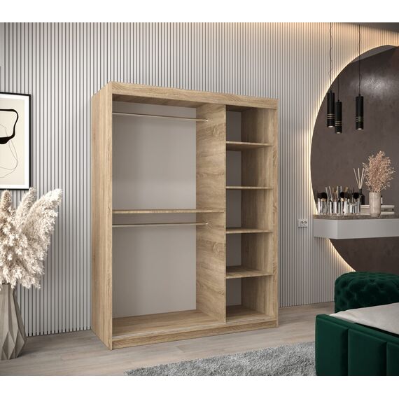 MEBLE KRYSPOL Schwebetürenschrank Madryt 150 cm mit Spiegel Kleiderschrank mit Kleiderstange und Einlegeboden Schlafzimmer- Wohnzimmerschrank Schiebetüren Modern Design (Sonoma)
