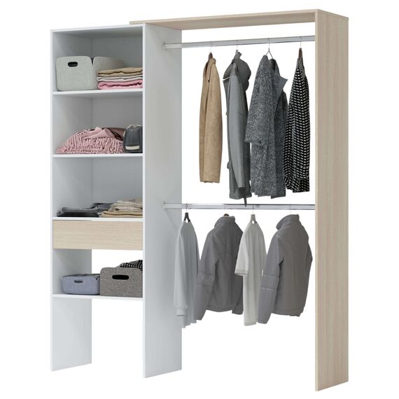 Habitdesign, offener Ankleideschrank mit 2 Kleiderstangen, 4 Einlegeböden und 1 Schublade – wandelbares offenes Schranksystem in Artik weiß und Eiche, Maße: 158 x 187 x 40 cm (B x H x T), Modell Dress