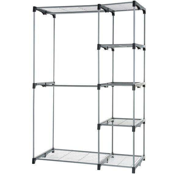 Amazon Basics - Freistehender Kleiderschrank, mit Zwei Kleiderstangen, Mittel, Silber