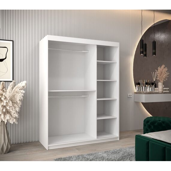 KRYSPOL Schwebetürenschrank Madryt 150 cm mit Spiegel Kleiderschrank mit Kleiderstange und Einlegeboden Schlafzimmer- Wohnzimmerschrank Schiebetüren Modern Design (Weiß + Schwarz)