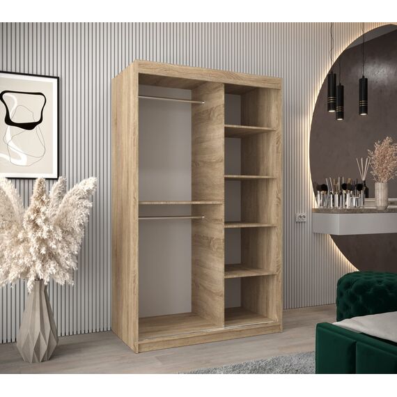 KRYSPOL Schwebetürenschrank Madryt 120 cm mit Spiegel Kleiderschrank mit Kleiderstange und Einlegeboden Schlafzimmer- Wohnzimmerschrank Schiebetüren Modern Design (Sonoma + Schwarz)