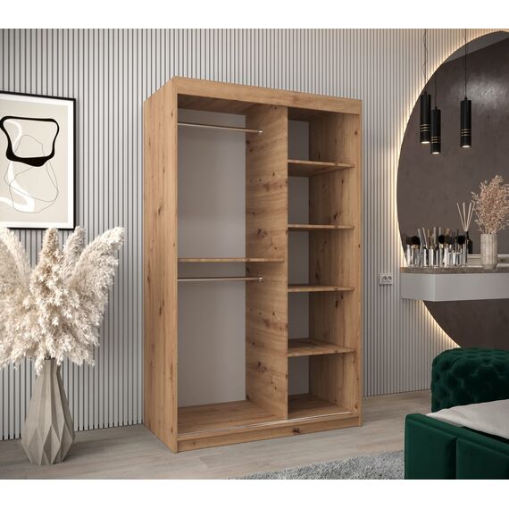 KRYSPOL Schwebetürenschrank Madryt 120 cm mit Spiegel Kleiderschrank mit Kleiderstange und Einlegeboden Schlafzimmer- Wohnzimmerschrank Schiebetüren Modern Design (Artisan Eiche + Weiß)