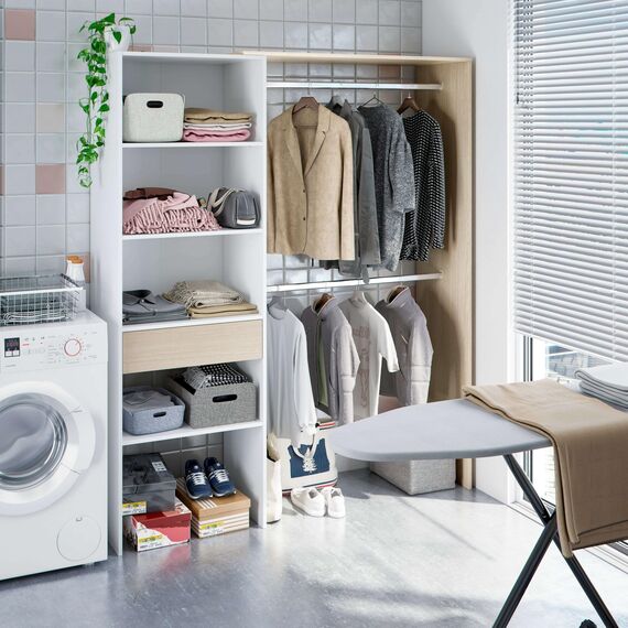 Habitdesign, offener Ankleideschrank mit 2 Kleiderstangen, 4 Einlegeböden und 1 Schublade – wandelbares offenes Schranksystem in Artik weiß und Eiche, Maße: 158 x 187 x 40 cm (B x H x T), Modell Dress