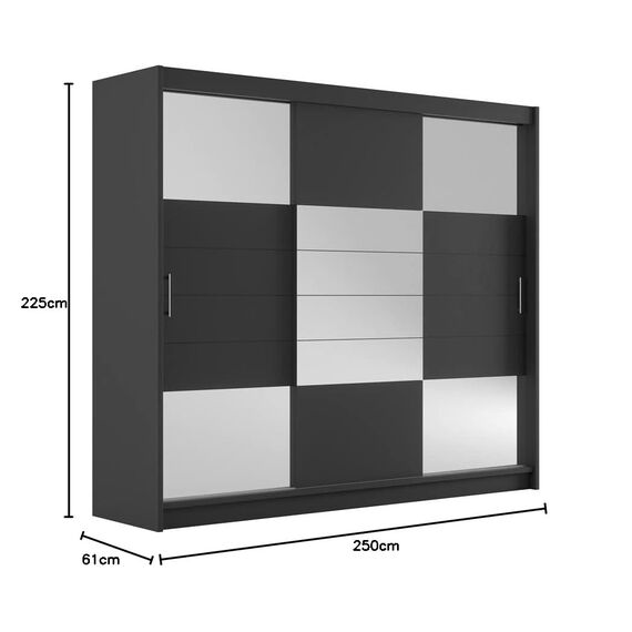 Furniture24 Kleiderschrank Aruba II 250 Schlafzimmer 3 Türiger Schwebetürenschrank Schrank mit Kleiderstange 2 Schubkästen Graphite/Graphite Glas