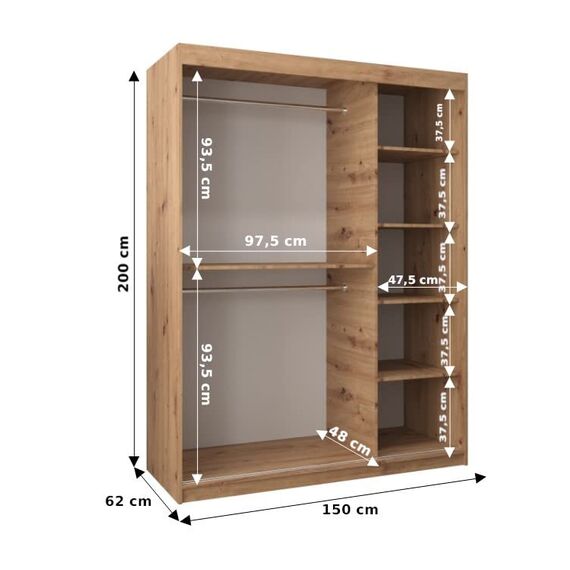 KRYSPOL Schwebetürenschrank Madryt 150 cm mit Spiegel Kleiderschrank mit Kleiderstange und Einlegeboden Schlafzimmer- Wohnzimmerschrank Schiebetüren Modern Design (Weiß + Sonoma)